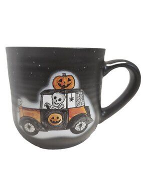 Cobwebs & Cauldrons Halloween Mug Skeleton Driving Car with Pumpkin Ceramic